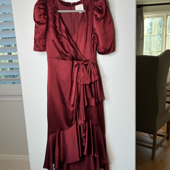 Cinq à Sept Wine Red Faux Wrap Silk Dress 2 - Picture 3 of 8